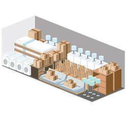 self storage unit drawn with the dimensions 10 feet by 25 feet with boxes, shelves, sofas, desks, and other furniture